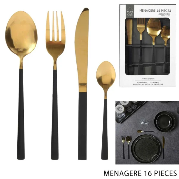 achetez pas cher Home Déco Factory Menagère 16 Pieces Doré Et Noir En Acier Inoxydable 1