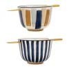 france SEMA DESIGN Bols X2 Rayés Bleu Et Beige Et Baguettes En Bambou – Blue Sand 13