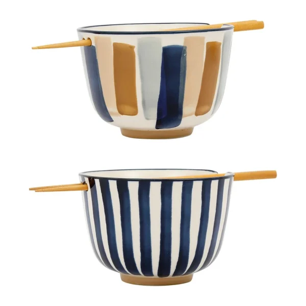 france SEMA DESIGN Bols X2 Rayés Bleu Et Beige Et Baguettes En Bambou – Blue Sand 1